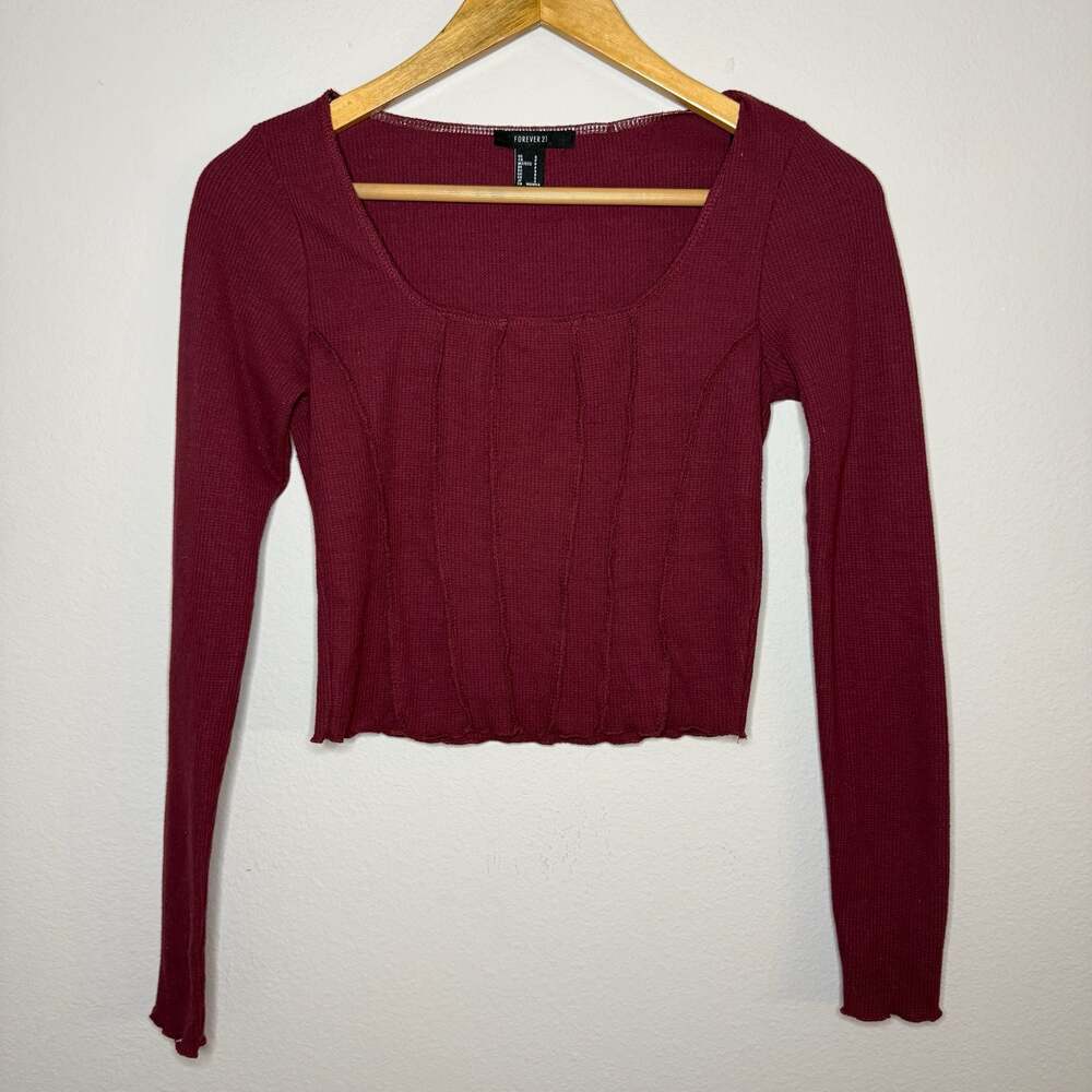 Forever 21 Ribbed Long Sleeve Corset-Style Crop Top in Red Wine Size Small